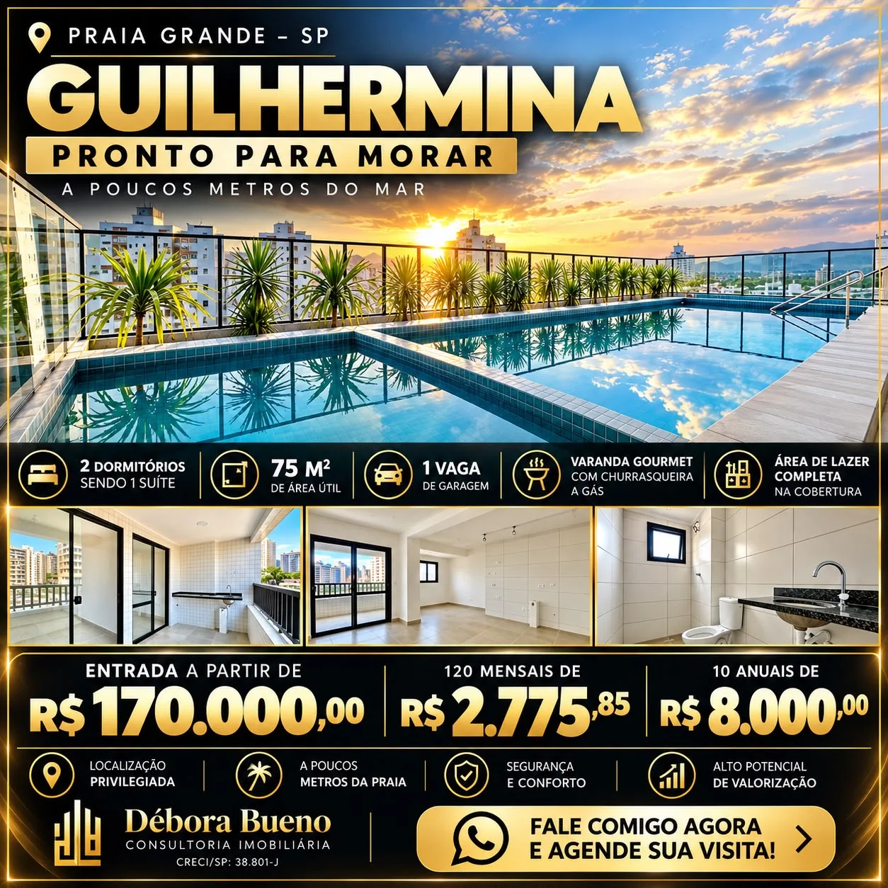 Guilhermina R$ 170 Mil de entrada- 2 Dormts 1 Suíte C/Varanda Gourmet, Lazer na cobertura