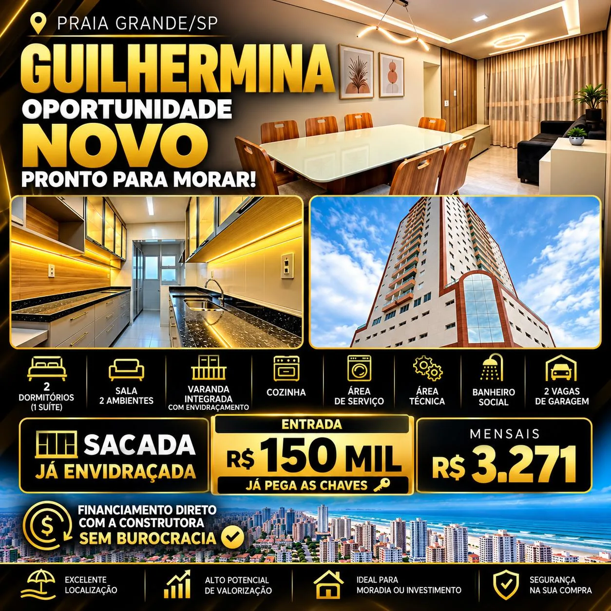 GUILHERMINA | ENTRADA DE 150 MIL | 2 DORM | 2 VAGAS | PRONTO PARA MORAR | LAZER INCRÍVEL